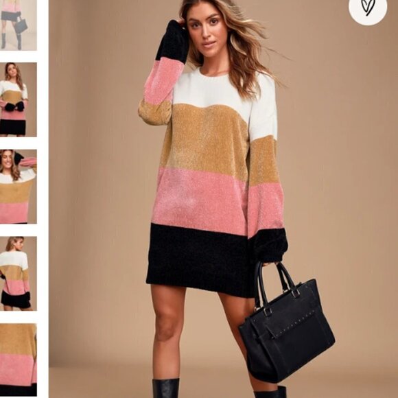Lulu's Call it Even Ivory Multi Color Block Chenille Sweater Dress Size M EUC